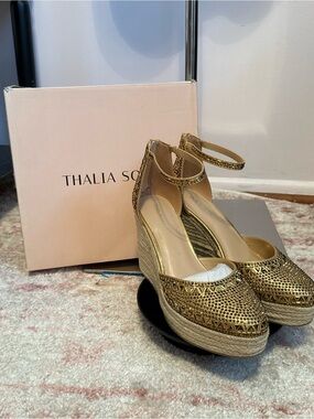 Thalia Sodi Gold Espadrille Wedge Sandals with Ankle Strap